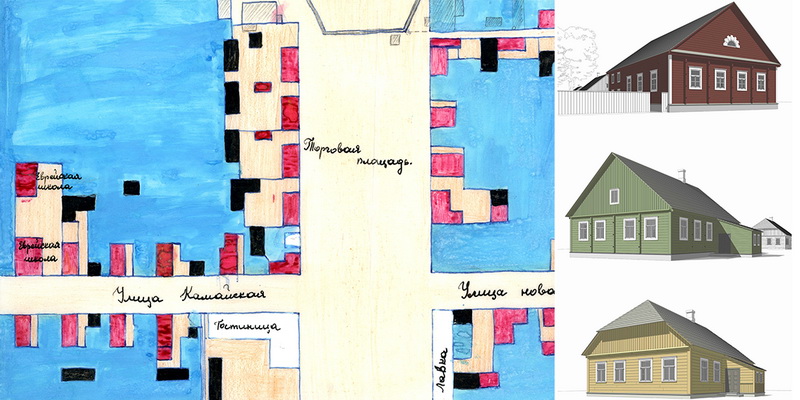 1866 metų Rokiškio miesto centrinės dalies plano fragmentas. Dešinėje – Rokiškio sinagogų rekonstrukcija. ROKIŠKIO ŠV. APAŠTALO EVANGELISTO MATO BAŽNYČIOS ARCHYVO nuotr.