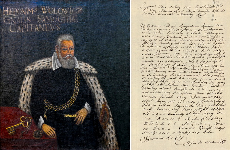 Lenkijos karaliaus ir Lietuvos didžiojo kunigaikščio Zigmanto Vazos 1612 metų kovo 3 dienos raštas Panevėžio dvaro laikytojui Petrui Krošinskiui dėl Upytės pavieto teismo ir archyvo pastatų statybos Panevėžyje. Dešinėje – Upytės ir Žemaitijos seniūnas Jeronimas Valavičius (Klovainių Švč. Trejybės bažnyčios portretas). LVIA, WIKIMEDIA nuotr.