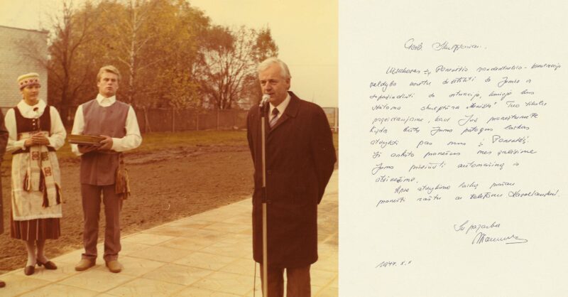 Panevėžio teritorinės vandentiekio ir kanalizacijos valdybos viršininką Algimantą Naruševičių skulptorius vadino žmogumi, išgelbėjusiu jo kūrinį nuo košmaro. Dešinėje – A. Naruševičiaus laiškas Bernardui Bučui. NIJOLĖS ONOS NARUŠEVIČIENĖS ŠEIMOS ALBUMO IR SALOMĖJOS NĖRIES MEMORIALINIO MUZIEJAUS RINKINIŲ nuotr.