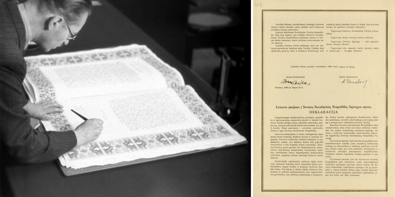 Vidaus reikalų ministras Mečislovas Gedvilas Kaune pasirašo Liaudies seimo 1940 metų liepos 21 dienos deklaraciją, pritariančią Lietuvos prijungimui prie TSRS. LCVA nuotr.