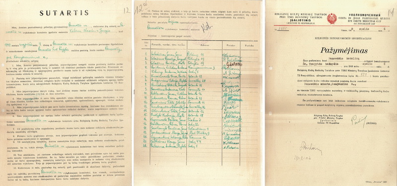 Panevėžio Švč. Trejybės bažnyčios perdavimo tikintiesiems sutartis. 1948 metų rugpjūčio 4 diena. Nuotraukoje dešinėje – pora dienų vėliau pasirašytas bažnyčios religinės bendruomenės registracijos pažymėjimas. LIETUVOS CENTRINIO VALSTYBĖS ARCHYVO nuotr.
