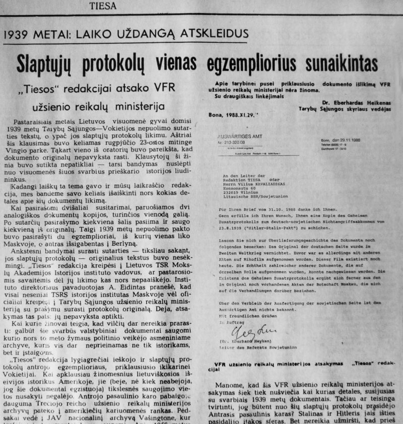 Bombos sprogimui prilygęs 1988 metų gruodžio 22-osios „Tiesos“ numeris. Jeigu ne Vakarų Vokietijos užsienio reikalų ministerijos patvirtinantis laiškas su dokumentais, publikaciją apie slaptuosius protokolus, Viliaus Kavaliausko spėjimu, sovietinėje spaudoje jam vargu ar būtų pavykę išspausdinti. V. KAVALIAUSKO ARCHYVO nuotr.