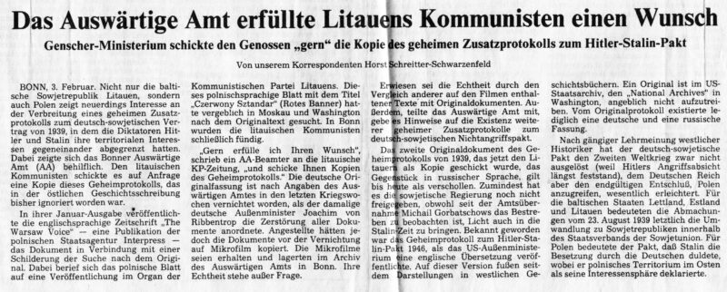 Straipsnis dienraštyje „Frankfurter Rundschau“ pripažino faktą, kad tarybinio laikraščio kreipimasis į Vakarų Vokietijos valstybinę organizaciją buvo bene pirmas pokario istorijoje. V. KAVALIAUSKO ARCHYVO nuotr.