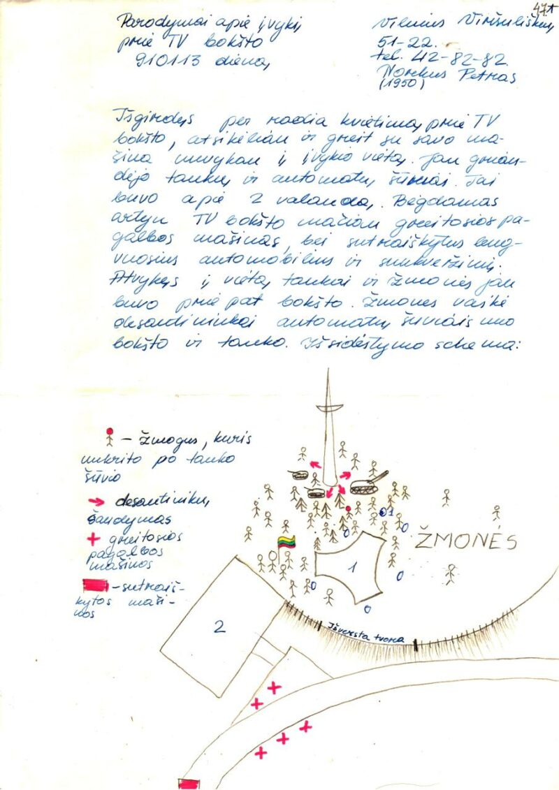 Archyvo fonduose – ir Vilniaus televizijos bokšto gynėjo Petro Norkaus braižyta schema, vaizduojanti 1991 metų sausio 13-osios įvykius. LVNA, f. 9, ap. 1, b.17, l. 47.