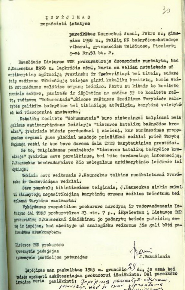 Lietuvos TSR prokuratūros 1983 metų gruodžio 29 dienos įspėjimas tuomet dar Telšių Romos katalikų bažnyčios-katedros vikarui kunigui Jonui Kauneckui už veiklą Tikinčiųjų teisėms ginti katalikų komitete, bendradarbiavimą „Lietuvos Katalikų Bažnyčios kronikos“ leidime, antitarybinius pasisakymus pamoksluose. LYA nuotr.