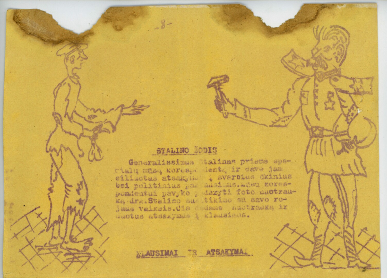 Albino Bilinkevičiaus piešta karikatūra laikraštyje „Lietuva brangi“. 1947 metų gegužės 1 diena. KĖDAINIŲ KRAŠTO MUZIEJAUS fondai 