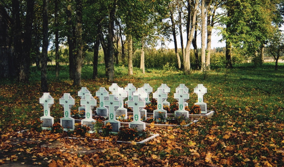 Atminimo kryžiai 1945 metų vasario 9 dieną Juodgirio mūšyje žuvusiems partizanams Anykščių rajono Traupio seniūnijos Klaibūnų kaime. LIETUVOS GYVENTOJŲ GENOCIDO IR REZISTENCIJOS TYRIMO CENTRO (RŪTOS TRIMONIENĖS) nuotr.